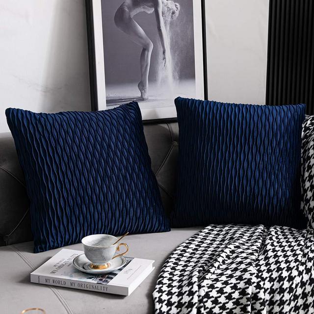DEZENE Navy Striped Couch Pillow Cases: 2 Pack 18x18 Inch Original Velvet Square Throw Pillow Covers for Farmhouse Home Decor