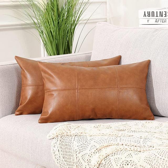 MANDIOO Set of 2 Classic Plaid Faux Leather Decorative Lumbar Throw Pillow Covers,Hand Stitched Modern Luxury Vegan Outdoor Cushion Cases Pillowcases for Couch Sofa Bed Farmhouse 12x20 Inches Brown
