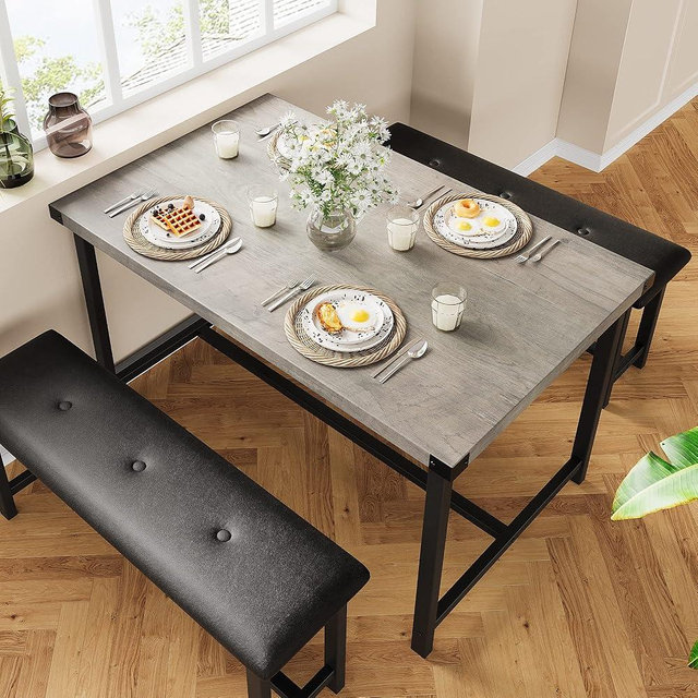 Amyove Dining Table Set for 4, Kitchen Table Set with 2 Upholstered Benches, Dining Room Table Set, Kitchen Table Set Metal and Wood Rectangular Dining Table for Small Space, Apartment, Retro Grey