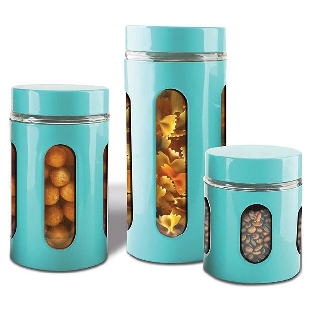 AIR-TIGHT KITCHEN CANISTER SET By Premius, 3-Piece Glass and Metal Canisters, Quick Access And Space Saving, Great Safe And Fresh Food, Convenient Sizes, Modern Design (Turquoise Blue)
