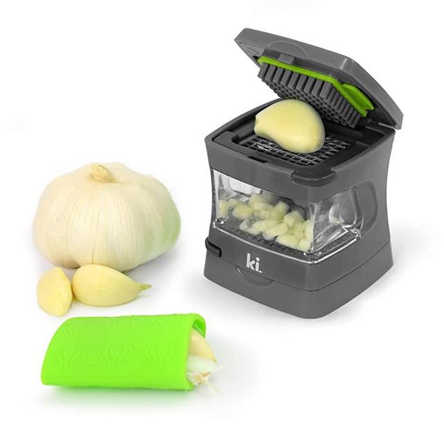 Kitchen Innovations Garlic-A-Peel Garlic Press, Crusher, Cutter, Mincer, and Storage Container - Includes Silicone Garlic Peeler - Easy to Clean - Stainless Steel Blades (Grey)