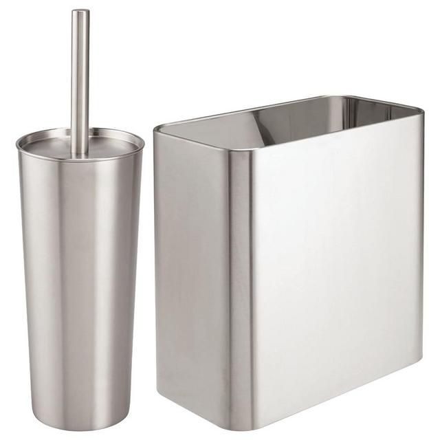 mDesign Modern Compact Freestanding MetalToilet Bowl Brush and Rectangle Open Wastebasket Garbage Can Combo Set for Bathroom Storage - Sturdy, Deep Cleaning - Set of 2 - Stainless Steel