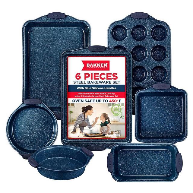 BAKKEN Kitchen Baking Pan Set - Nonstick Coating, Carbon Steel Bakeware Sets with Blue Silicone Handles, Baking Kitchen Essentials, PFOA, PFOS, PTFE Free, Oven Safe Tray (Up To 450° F), Set of 6