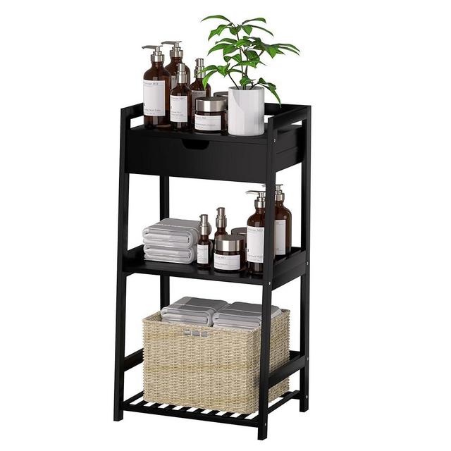 POXAKA Bathroom Shelves, 3 Tier Ladder Shelf with Drawers, Bamboo Bookshelf Open Shelving, Nightstand Bookcase End Table Plant Stand for Living Room, Bedroom, Bathroom, Kitchen