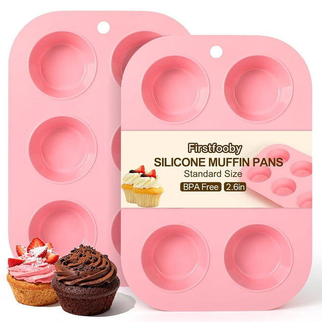 Firstfooby 2 Pack Silicone Muffin Pan for Baking, Regular Size Nonstick Cupcake Pan, 6-Cup Silicone Muffin Tin BPA Free Dishwasher Safe, Great for Muffin Cupcake Brownie Egg Tart