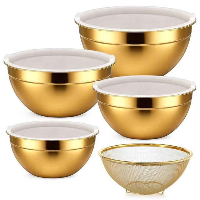 Meyeyaia Gold Mixing Bowls with Lids Set, 4pcs Gold Stainless Steel Nesting Salad Mixing Bowls with Lid, Large Golds Strainer Basket 1.5, 2.0, 2.5, 4.0 Qt for Mixings Serving Food