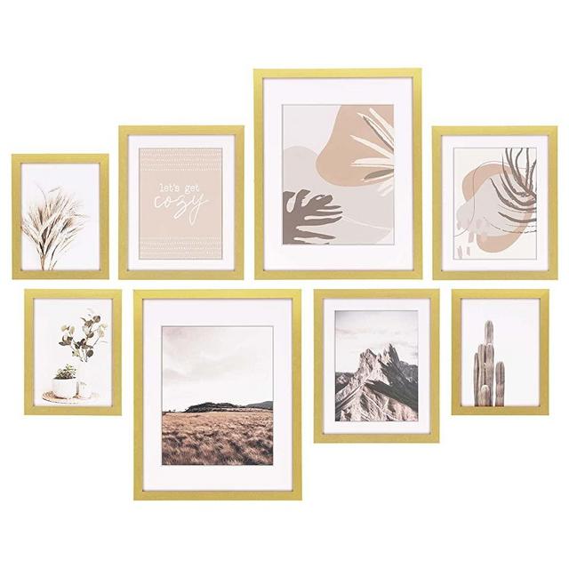 ArtbyHannah 8 Pack Modern Gallery Wall Frame Set Decorative Art Prints with Gold Wood Picture Frame Collage Wall Art Decor for Home Decoration, Multi-Size 11x14 x2,8x10 x3 ,6x8 x3