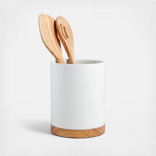 Olivewood & Matte Ceramic Utensil Holder