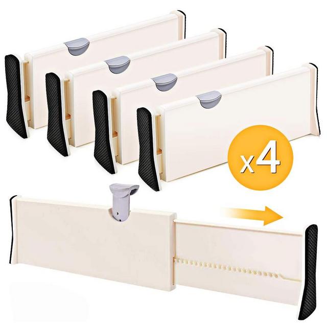 4-Pack Adjustable Drawer Dividers Organizer Separators - Good Grips Dresser Organizer - for Bedroom, Bathroom, Closet, Baby Drawer, Desk, Kitchen Storage