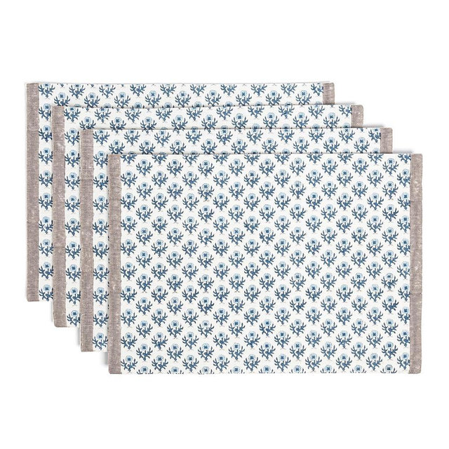 over&back Set of 4 Hand-Blocked Placemats - Colorful Dining Table Mat - Each Placemat is Unique - 100% Cotton - Machine Washable - Kitchen and Home Decor - Blue Blossom