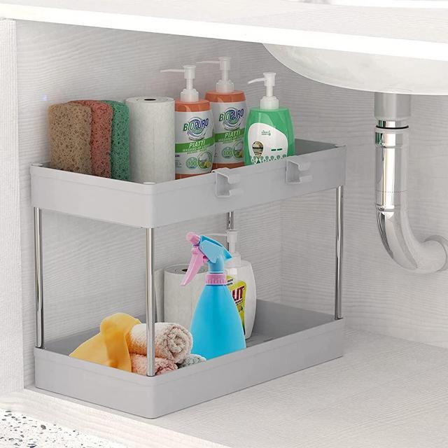 SPACEKEEPER Under Sink Organizer, 2 Tier Under Sink Storage Organizer, Bathroom Standing Rack, Bath Collection Slide-out Baskets with Hooks, Multi-purpose Storage Shelf for Bathroom Kitchen, Gray