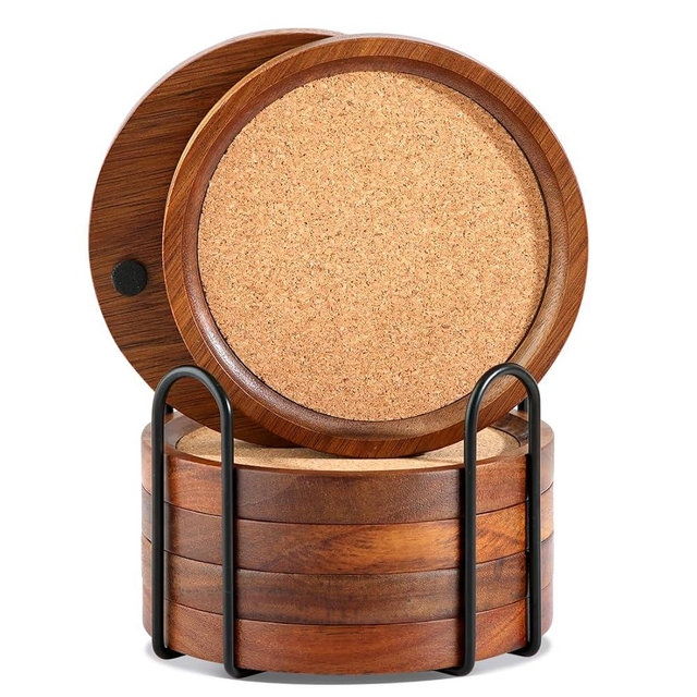 WLWNWFT Wood Cork Coasters for Drinks Absorbent with Holder, Large Wooden Coaster for Coffee Table, Cork Coaster for Wooden Table Decor New Home Gifts Mom's Day - Rustic 4.72Inch