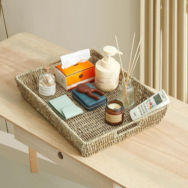 JS HANGER 16.93" Hand-Woven Rattan Serving Tray Decorative Wicker Trays with Built-in Handles for Coffee Table, Natrual Grass Storage Tray