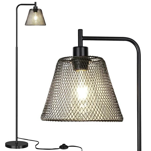 FEOHAK Industrial Floor Lamp, Standing Lamp with Hanging Iron Mesh Lamp Shade Whole Metal Farmhouse Floor Lamp with Foot Switch,68 inch Tall Modern Rustic Floor Lamps for Living Room Bedroom, Black