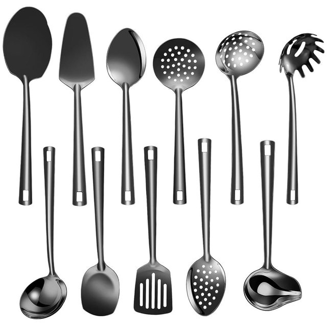Lazycorner Cooking Utensil Set 11 Pcs Stainless Steel Kitchen Utensils Set Wok Utensils Kitchen Tool Set Spatula Set Heat Resistant Metal Kitchen Tools Ergonomic HandleEasy to Clean Dishwasher Safe
