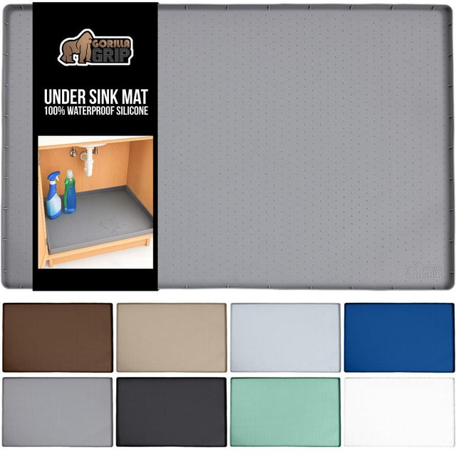 GORILLA GRIP Waterproof Silicone Under Sink Mat with Raised Lip for Kitchen and Bathroom, 28 x 22 in, Cabinet Shelf Liner Stay in Place Mats Dishwasher Safe Drawer Liner, Organizer Tray, Gray