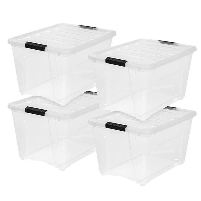 IRIS USA 53 Qt. Plastic Storage Bin Tote Organizing Container with Durable Lid and Secure Latching Buckles, Stackable and Nestable, 4 Pack, Clear with Black Buckle