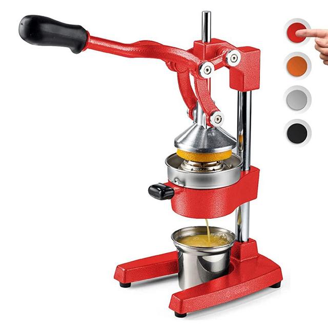 Eurolux Cast Iron Citrus Juicer | Commercial Grade Manual Hand Press | Countertop Squeezer for Fresh Fruit Juice (Bonus Stainless Steel Cup) (Red)