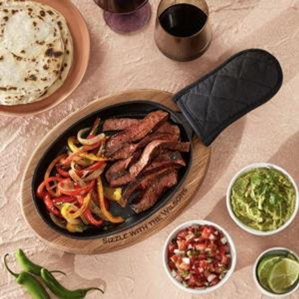 Personalized Reclaimed Whiskey Barrel and Cast Iron Sizzling Platter Set