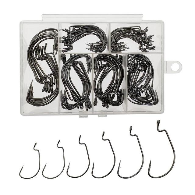 Afmivs Worm Hooks for Bass Fishing Hooks, 110pcs Bass Hooks Fishing, 6 Sizes Fishing Hooks Freshwater, Eagle Claw Fishing Hooks Bass #1 1/0 2/0 3/0 4/0 5/0 High Carbon Steel with Portable Plastic Box