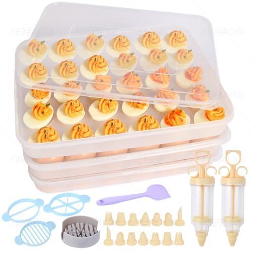 90 Deviled Egg Containers with Lid (Set 3),Plastic Easter Deviled Egg Tray Carrier with Handl Injector Piping Tool,Clear Storage Deviled Egg Platter Holder for Refrigerator Party Picnic Party Events