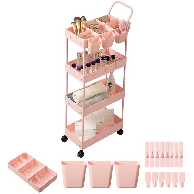 danpinera Slim Storage Cart, 4 Tier Bathroom Cart Organizer Narrow Laundry Cart with Wheels Dividers Hanging Cups Hooks Handle Makeup Lash Cart Shelf Organizer Rack Unit Easy Assembly, Pink