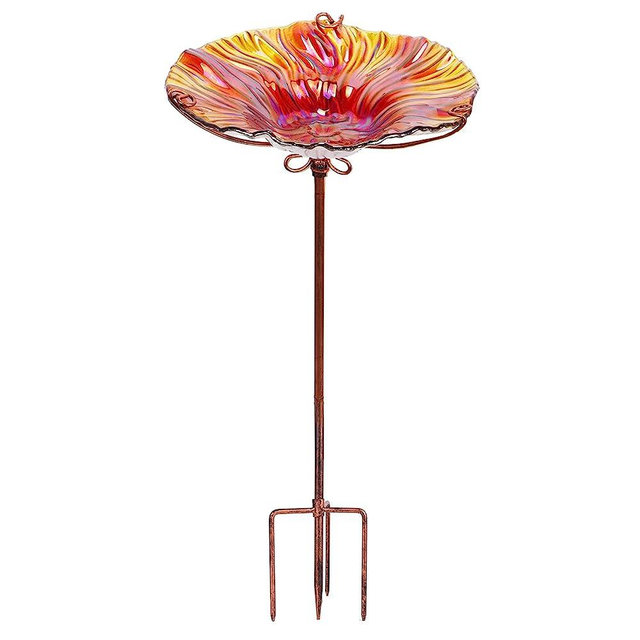 MUMTOP 26 Inch Height Glass Birdbath Birdfeeder with Metal Stake Garden Outdoor Red