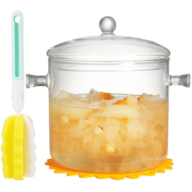 Clear Glass Cooking Pot With Lid And Brush And Silicone Hot Pads On Stove - 3L(101oz) Borosilicate Glass Simmer Pot And Pan With Cover - Glass Cookware Stovetop Pot Set For Pasta, Noodle, Soup, Milk