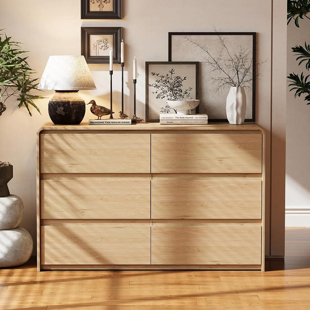 Madaha 6 Drawer Dresser for Bedroom, Curved Edge Design Modern Dressers & Chest of Drawers, 47" Wide Nursery Dresser Natural Oak