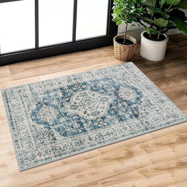 Lahome Persian Rug - 2x3 Small Rug Indoor Front Door Mat Non Slip Entryway Rug,Distressed Soft Washable Rugs Retro Blue Accent Rug,Ultra-Thin Carpet for Kitchen Bathroom Bedroom,2x3ft