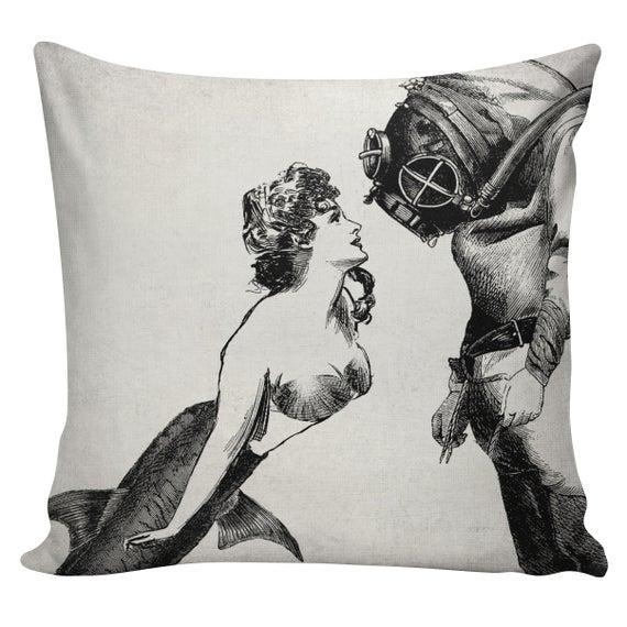 Mermaid Pillow, Throw Pillow Covers, Pillow Cover, Pillowcase, Pillow Case Covers, Pillow Case, 18", Mermaid meets Scuba Diver #UE0049