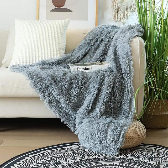 Decorative Extra Soft Faux Fur Throw Blanket 50" x 60",Solid Lightweight Fuzzy Reversible Long Hair Shaggy Blanket,Fluffy Cozy Plush Mink Fleece Comfy Microfiber Blanket for Couch Sofa Bed,Light Gray