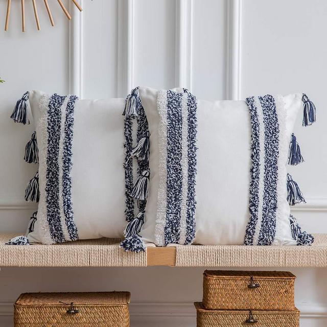 Boho Throw Pillow Covers: Set of 2 Woven Tufted 100% Cotton Square Decorative Pillowcases with Tassels for Couch Sofa Bed, Accent Cushion Covers for Home Decor Farmhouse, 20 x 20 Inch Navy Blue