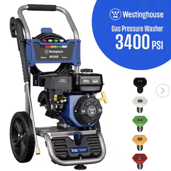 Westinghouse 3400 PSI 2.6 GPM Gas Powered Axial Cam Pump Cold Water Pressure Washer with Soap Tank and 5 Quick Connect Tips WPX3400