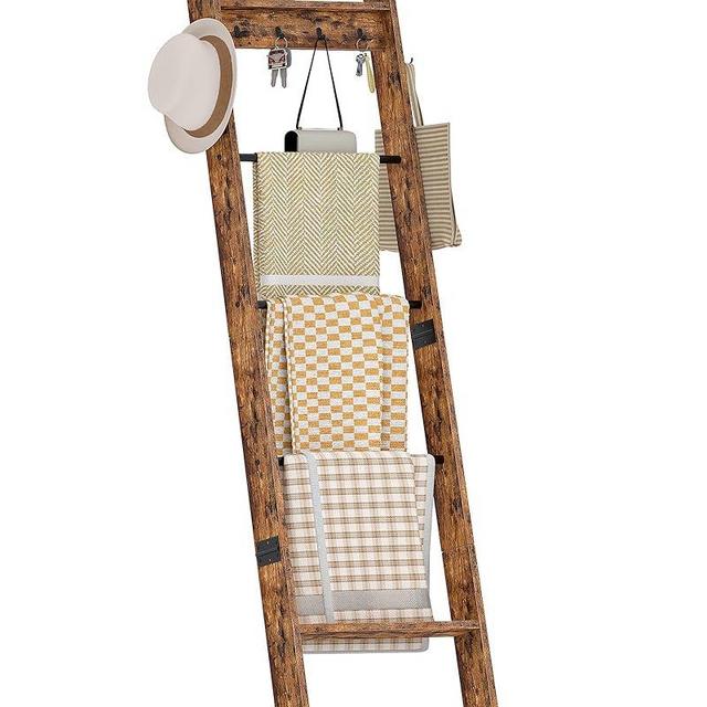 CHOEZON 5-Tier Blanket Ladder, Wooden Blanket Display Rack, Towel Ladder with Hooks, Wall Leaning Display Shelf, for Living Room, Bedroom, Balcony, Rustic Brown and Black MCJ02FG