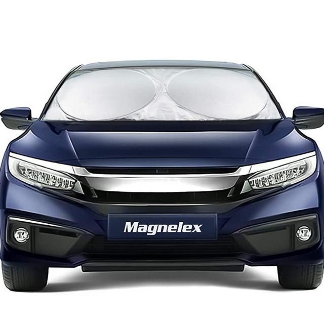 Magnelex Car Windshield Sunshade with Bonus Steering Wheel Cover Sun Shade. 210T Reflective Polyester Blocks Heat and Sun. Foldable Sun Shield That Keeps Your Vehicle Cool (Large 63 x 33.8 in)