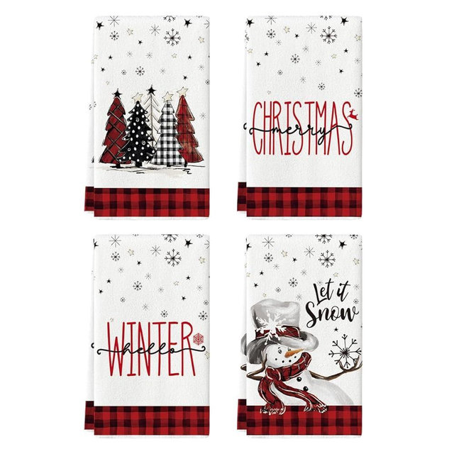 Artoid Mode Red Black Buffalo Plaid Snowman Xmas Trees Christmas Kitchen Towels Dish Towels, 18x26 Inch Daily Seasonal Winter Decoration Hand Towels Set of 4