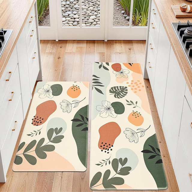 PCSWEET HOME Boho Kitchen Mats for Floor Spring Summer Cushioned Anti Fatigue Mats for Kitchen Floor for Sink, Stove, Desk, Laundry,17"x30"+17"x47", Green/Beige
