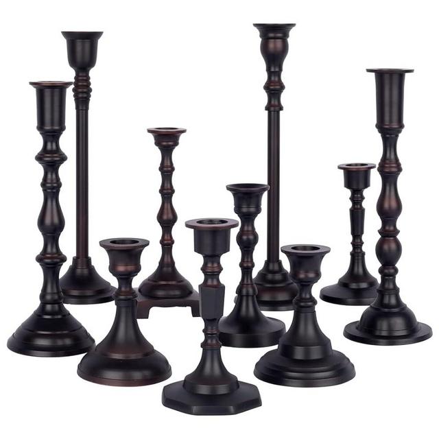 Koyal Wholesale Bronze Mixed Taper Holders, Set of 10, Mismatched Candlesticks Set, Bohemian Decorative