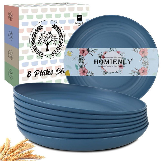 Homienly Deep Dinner Plates Set of 8 Alternative for Plastic Plates Microwave and Dishwasher Safe Wheat Straw Plates for Kitchen Unbreakable Kids Plates (Blue, 10 inch)