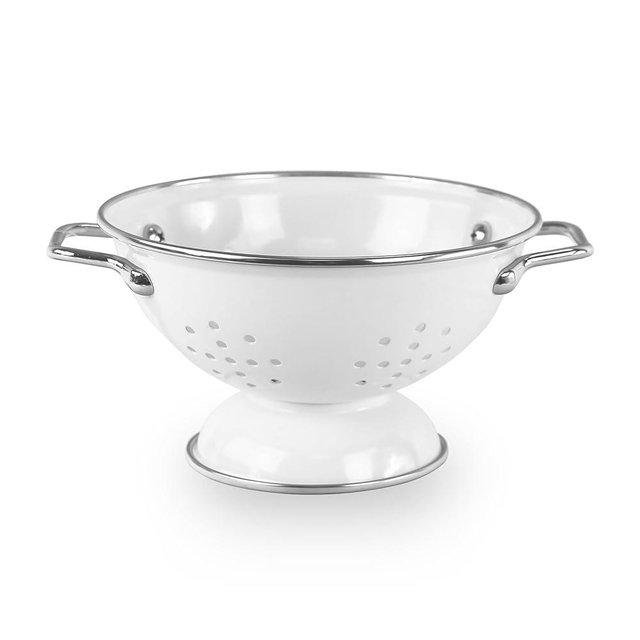 Reston Lloyd, 1 Quart Powder Coated Steel Kitchen Strainer Basket for draining Pasta, Vegetable and Fruit, Chrome Handles and Wide Stable Base, White