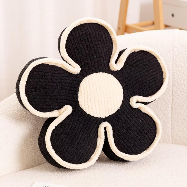 Kcvvcr Flower Pillow, Soft Flower Shaped Floor Cushion, Flower Decorative Throw Pillow, Cute Flower Seating Cushion, Flower Room Décor Plush Pillows for Sofa Couch Bed (13.7 Inch, Black)