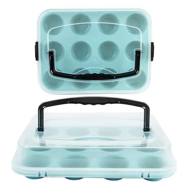 Spmarkt Blue 12-Cup Muffin Pan with Lid, 2-Pack Metal Cupcake Pan with Handle, Portable Blue Muffin Pans Nonstick 12 with Cover Ideal for Easy Carrying, Holiday, Party and Travel