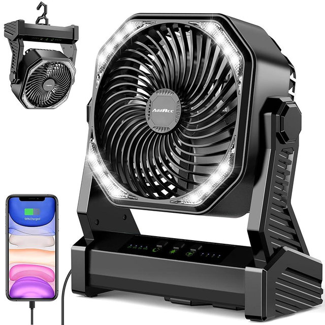AddAcc 20000mAh Battery Operated Fan, Portable Rechargeable Desk/Camping Fan with Light and Hook, 270° Pivot 4 Speeds Battery Powered Outdoor Fan for Tent Car Trip Sleep Hurricane Power Outages…
