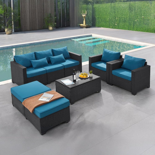 wudipatio 6 Pieces Outdoor Patio Furniture Sets with Furniture Cover, PE Rattan Wicker Patio Conversation Set with Tea Table (Peacock Blue, Rattan Storage Table)