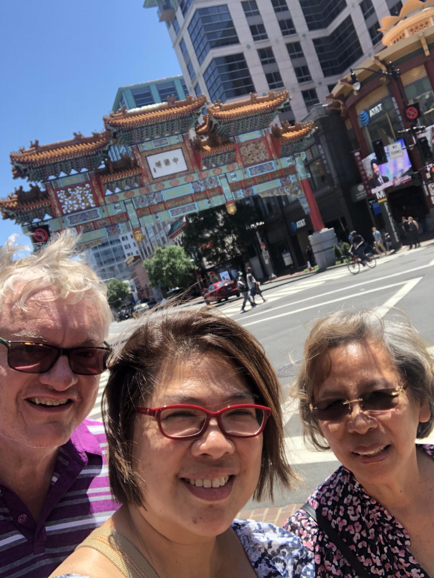 Fred passed the Aunty test! Michelle and Fred with her Aunt Kay by the DC Chinatown gate.