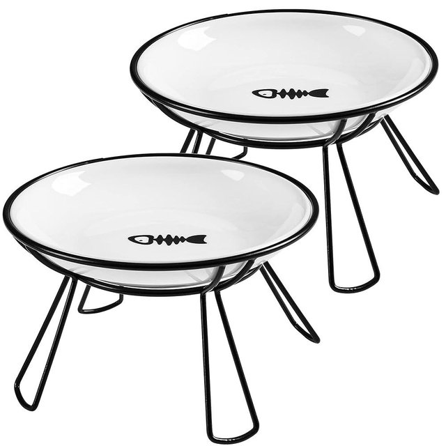 Wellbro Cat Bowls, Elevated Bowl, Raised Ceramic Dish with Metal Stand, Pet Water or Food Feeding Station for Indoor Cats, Kitten, Puppies and Small Dogs(2 Pack)