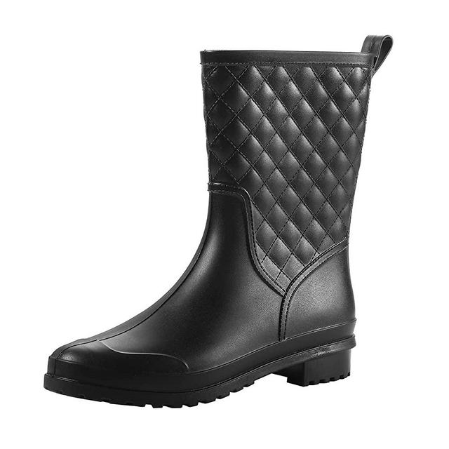 Petrass Women Rain Boots Black Waterproof Mid Calf Lightweight Cute Booties Fashion Out Work Comfortable Garden Shoes