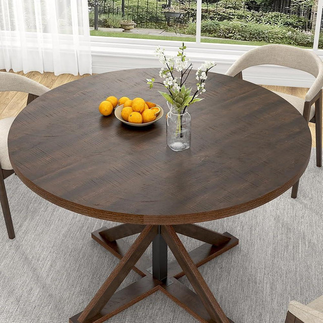 Round Wood Dining Table for Kitchen,Dining Room,Living Room,Farmhouse Dinner Tables W/Thickened Brown Wooden Waterproof Tabletop for 4 People,47 inch Rustic Kitchen Table W/Metal Support