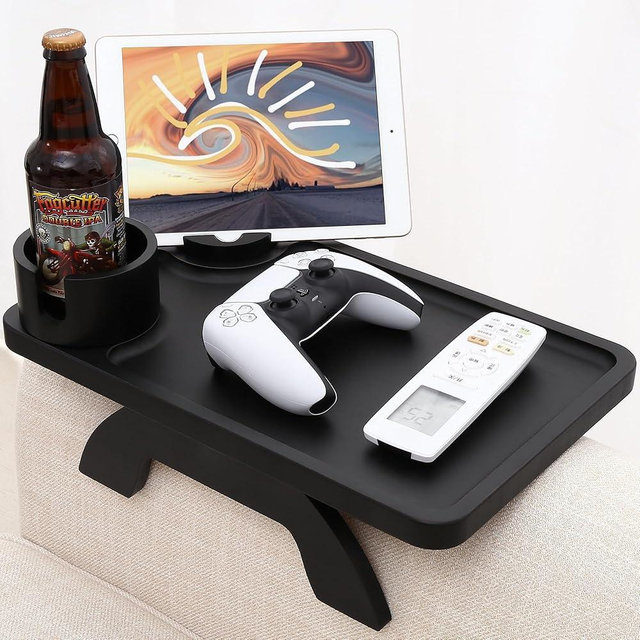 Couch Arm Table Linsongmax Large Sofa Arm Tray with Rotated Swappable Cup Holder Phone Stand Fit Various Armrest Sofa Side Tables for Living Room,15.36x9.85inch Bamboo Black